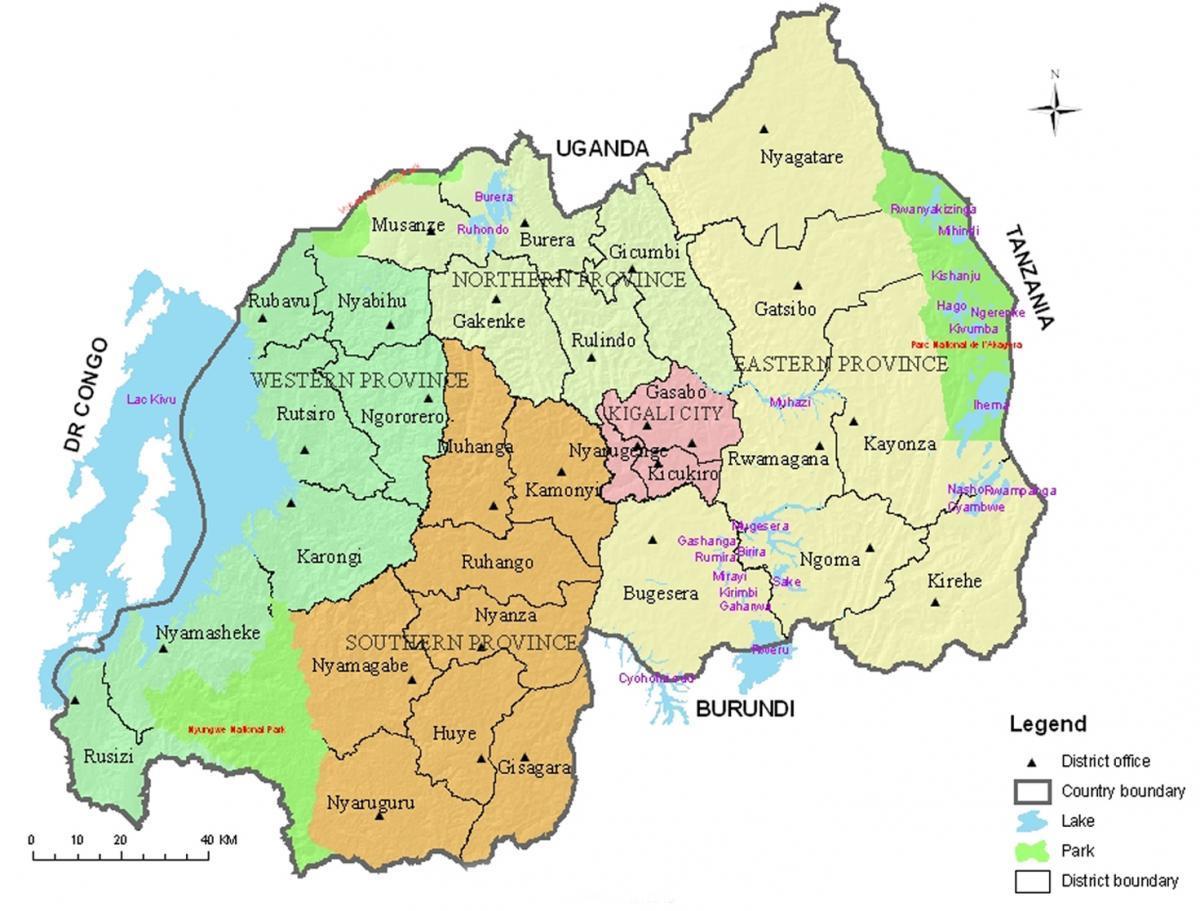 خريطة رواندا مع المناطق والقطاعات
